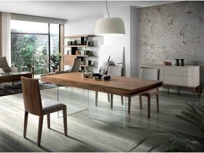 Fixed dining table in walnut with tempered glass bases - BRISTOL