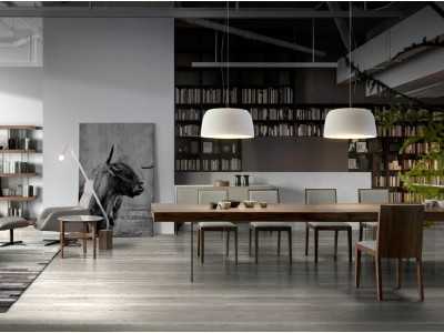 Fixed dining table in walnut with tempered glass bases - BRISTOL