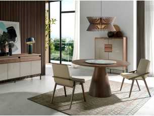 Round dining table in walnut wood and rotating plate - DERBY
