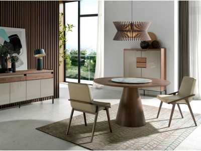 Table à manger ronde en bois de noyer et plateau tournant - DERBY
