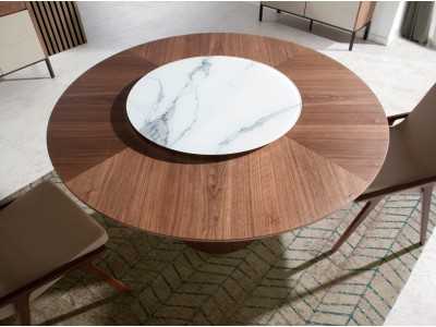 Round dining table in walnut wood and rotating plate - DERBY
