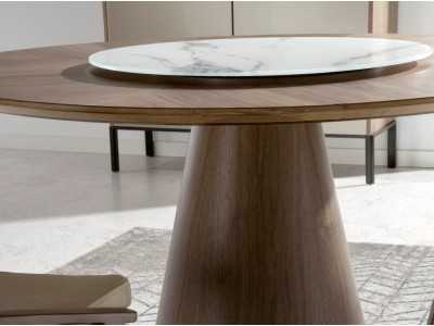 Table à manger ronde en bois de noyer et plateau tournant - DERBY