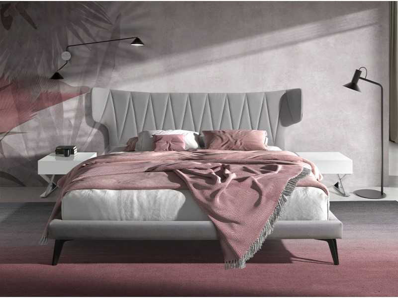 Complete designer bed upholstered in fabric with steel legs - UCCLE