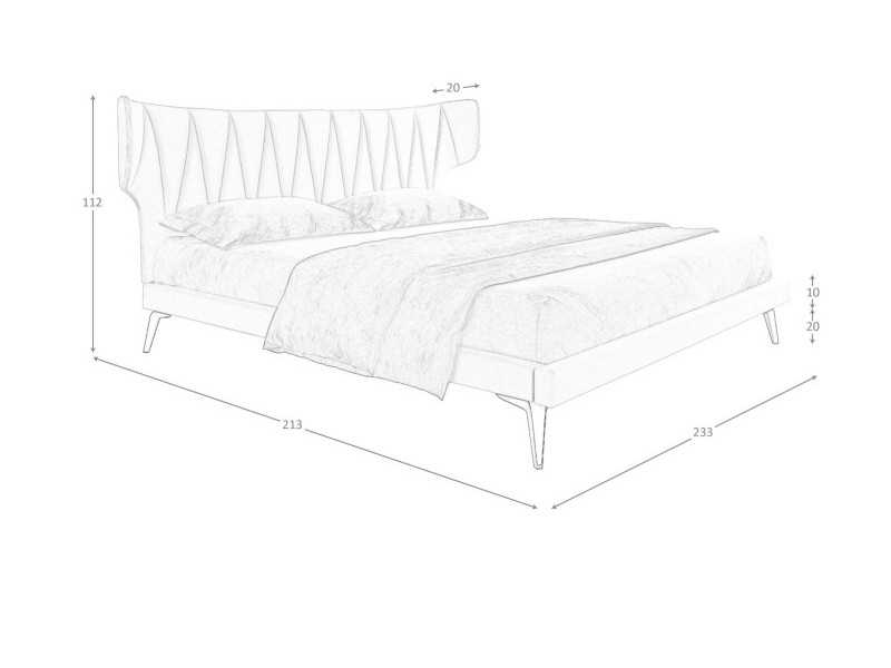 Complete designer bed upholstered in fabric with steel legs - UCCLE