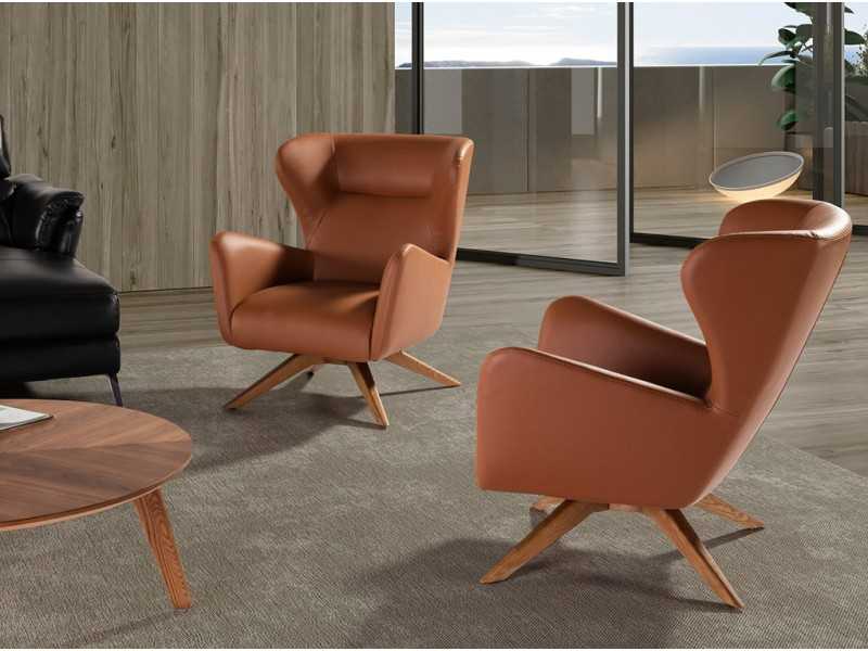 Fauteuil pivotant tapissé de cuir synthétique et base en bois massif - OSCAR