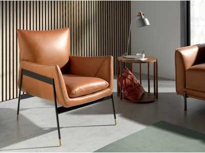 Armchair upholstered in genuine leather and black epoxy steel structure - BASTIAN