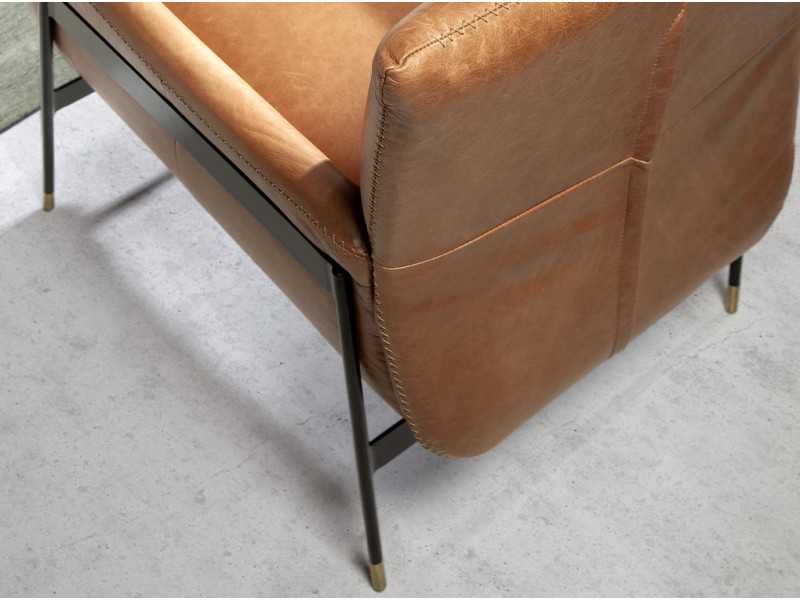 Armchair upholstered in genuine leather and black epoxy steel structure - BASTIAN