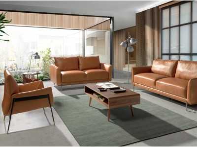 Armchair upholstered in genuine leather and black epoxy steel structure - BASTIAN