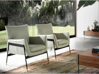 Armchair upholstered in genuine leather and black epoxy steel structure - BASTIAN