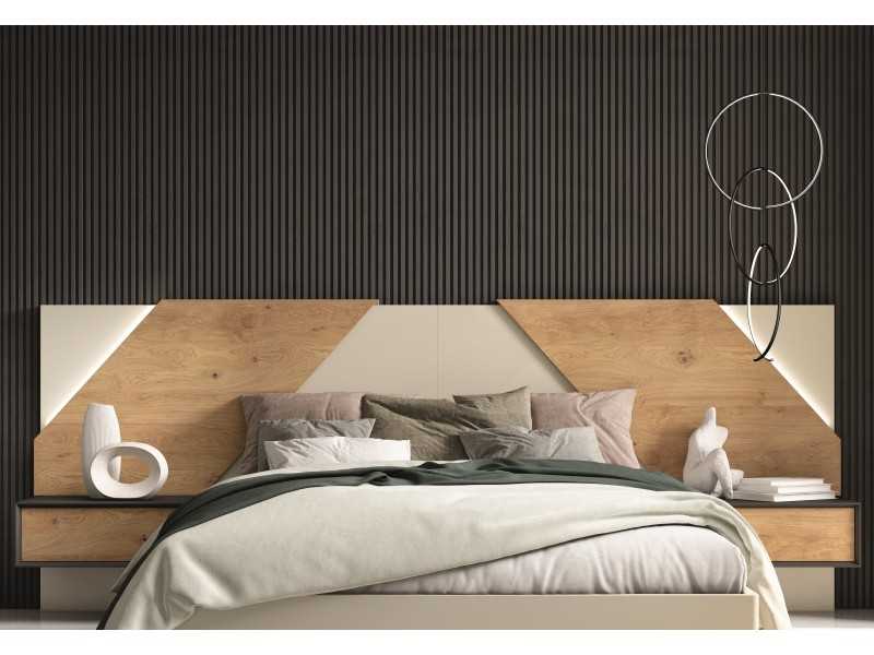 Lacquered headboard with knotted oak details, 1-drawer side tables and LED light - AMELIE.R