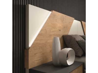Lacquered headboard with knotted oak details, 1-drawer side tables and LED light - AMELIE.R