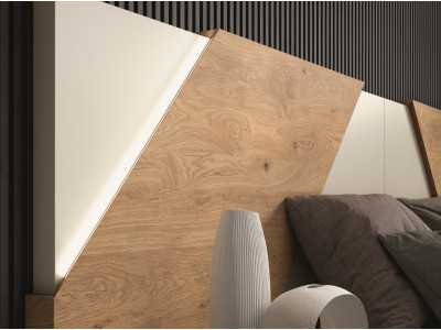 Lacquered headboard with knotted oak details, 1-drawer side tables and LED light - AMELIE.R