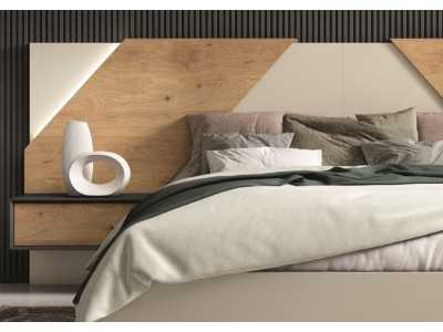 Lacquered headboard with knotted oak details, 1-drawer side tables and LED light - AMELIE.R