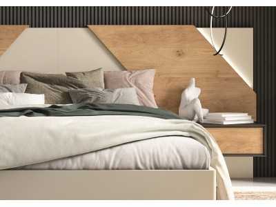 Lacquered headboard with knotted oak details, 1-drawer side tables and LED light - AMELIE.R