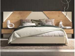Cama completa lacada con detalles en roble nudos,mesitas 1 cajón ,base de cama volada y luz led - AMELIE.R