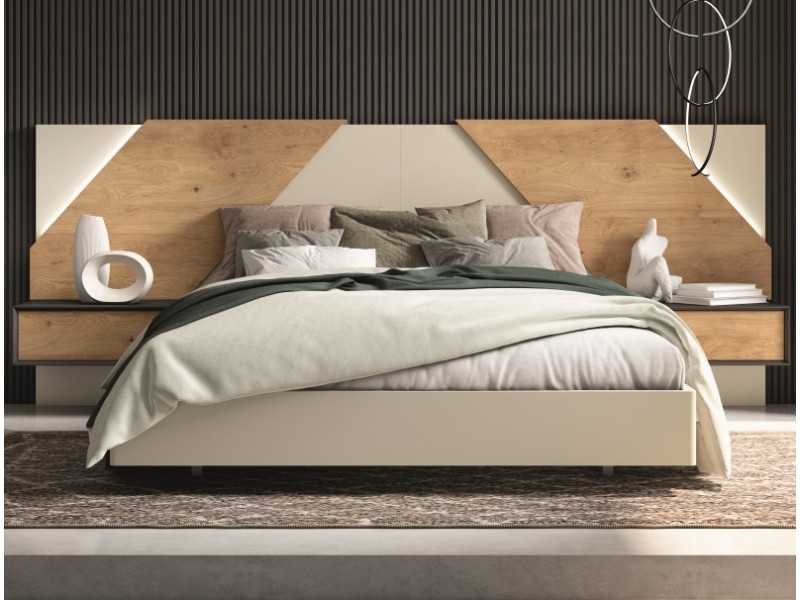 Complete lacquered bed with knotted oak details, side tables with 1 drawer, suspension bed base and LED light - AMELIE.R