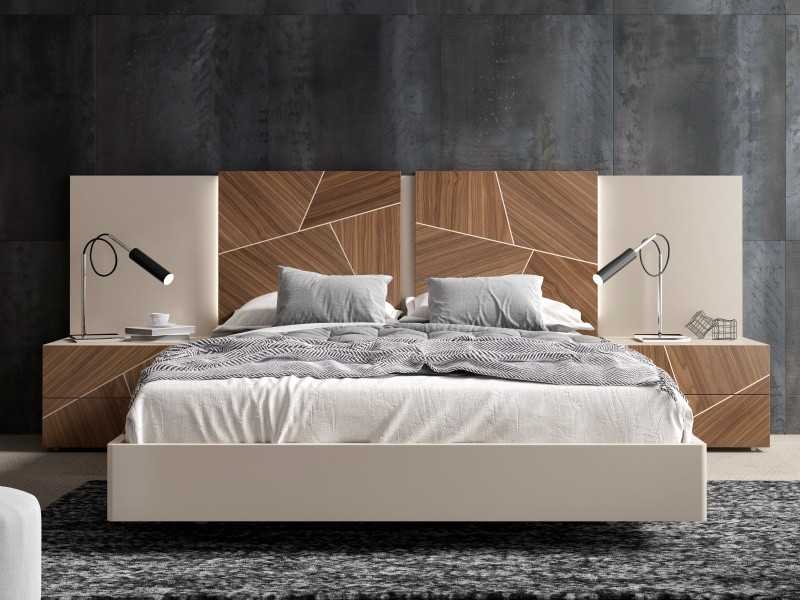 Cama de diseño moderno lacada con plafones en marquetería de nogal americano y base de cama volada y lacada - LUMIÈRE