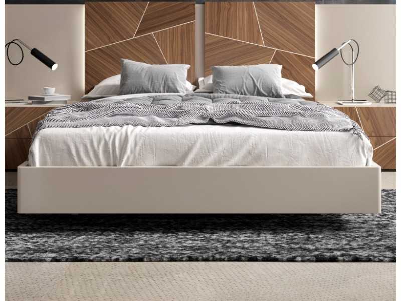 Cama de diseño moderno lacada con plafones en marquetería de nogal americano y base de cama volada y lacada - LUMIÈRE