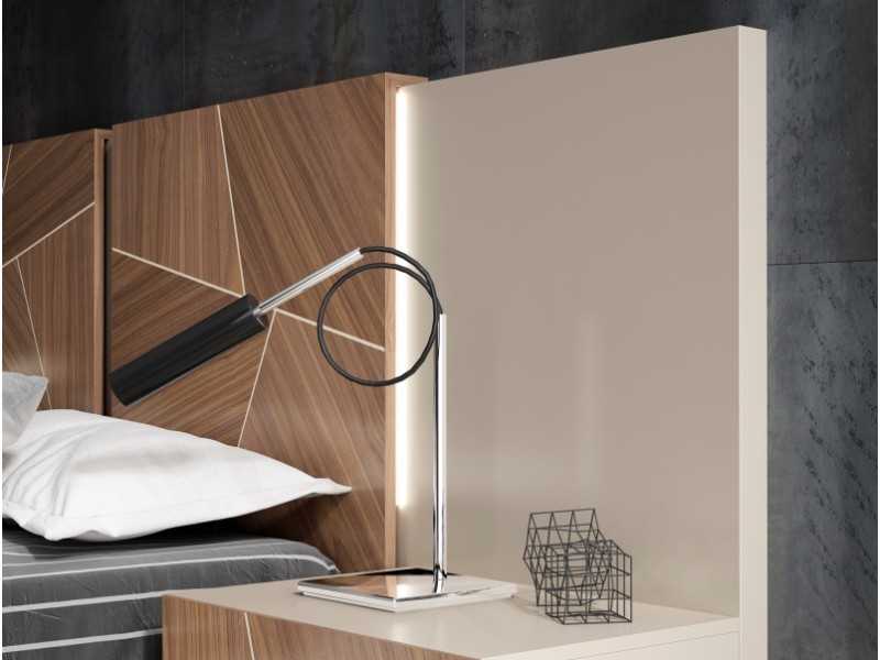 Cama de diseño moderno lacada con plafones en marquetería de nogal americano y base de cama volada y lacada - LUMIÈRE