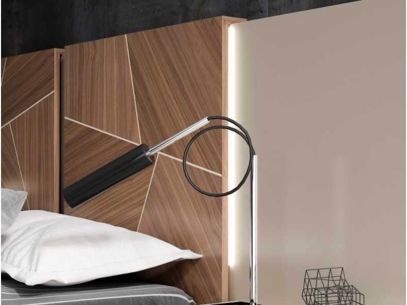 Cama de diseño moderno lacada con plafones en marquetería de nogal americano y base de cama volada y lacada - LUMIÈRE