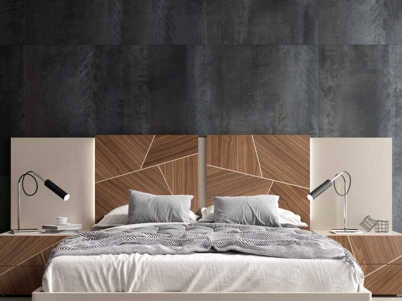 Lacquered modern design headboard with central panels in American walnut marquetry - LUMIÈRE