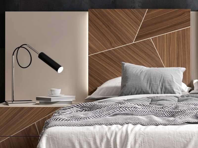 Cabecero de diseño moderno lacado con plafones centrales en marquetería de nogal americano - LUMIÈRE