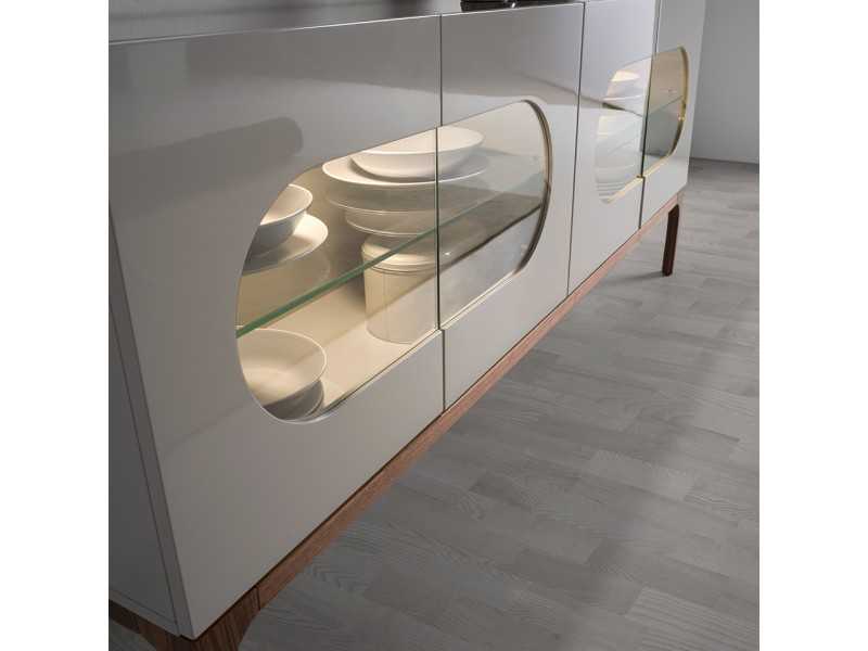 Buffet design laqué avec base en noyer et éclairage LED - MANUELE