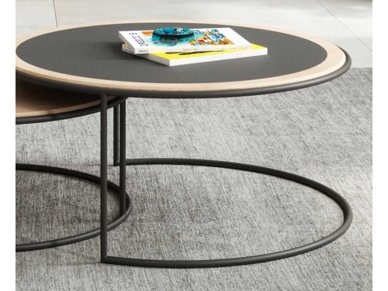 Table basse ronde en chêne et porcelaine avec structure en acier - IBIZA