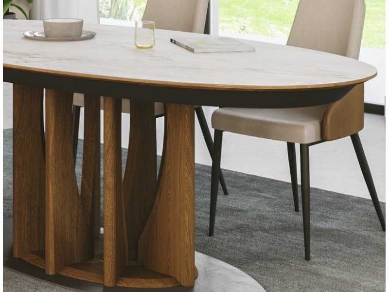 Mesa ovalada extensible con tapa cerámico y base en roble - FORMENTERA