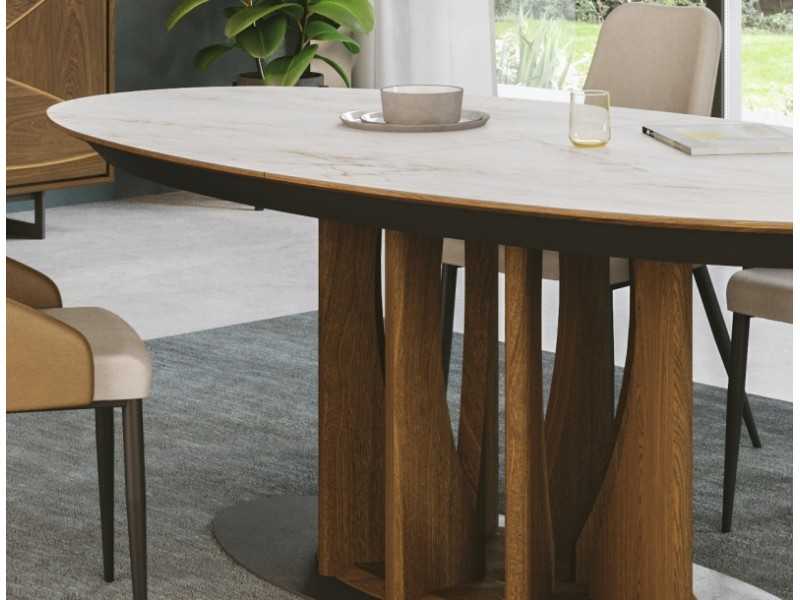 Mesa ovalada extensible con tapa cerámico y base en roble - FORMENTERA