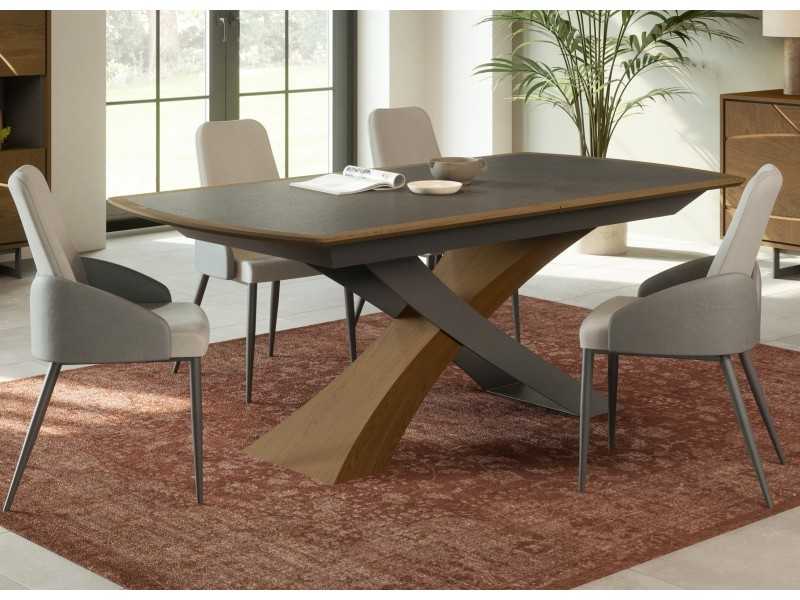 Table rectangulaire extensible avec plateau en céramique et base en chêne et acier - IBIZA