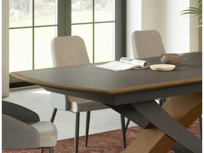 Table rectangulaire extensible avec plateau en céramique et base en chêne et acier - IBIZA