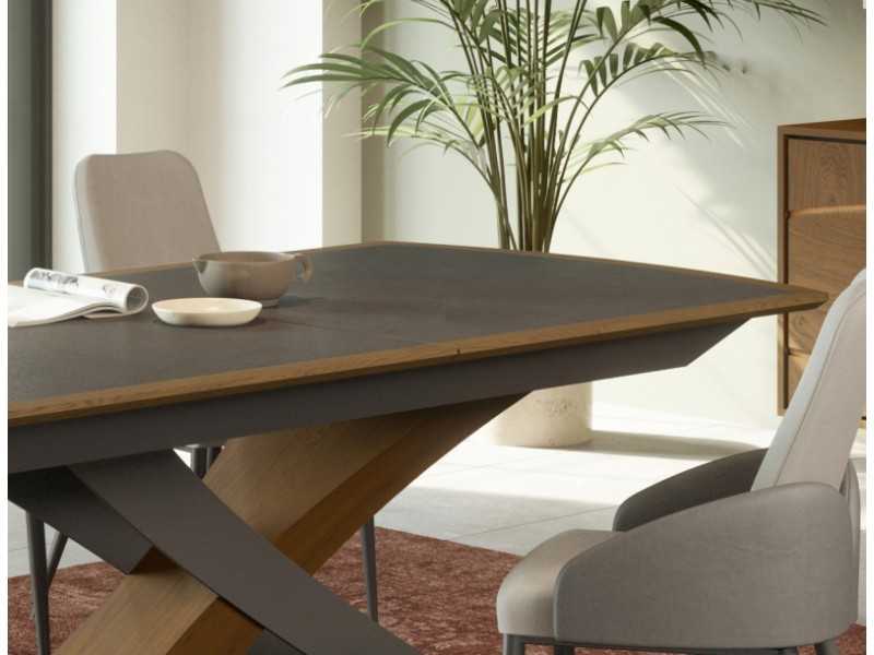 Table rectangulaire extensible avec plateau en céramique et base en chêne et acier - IBIZA