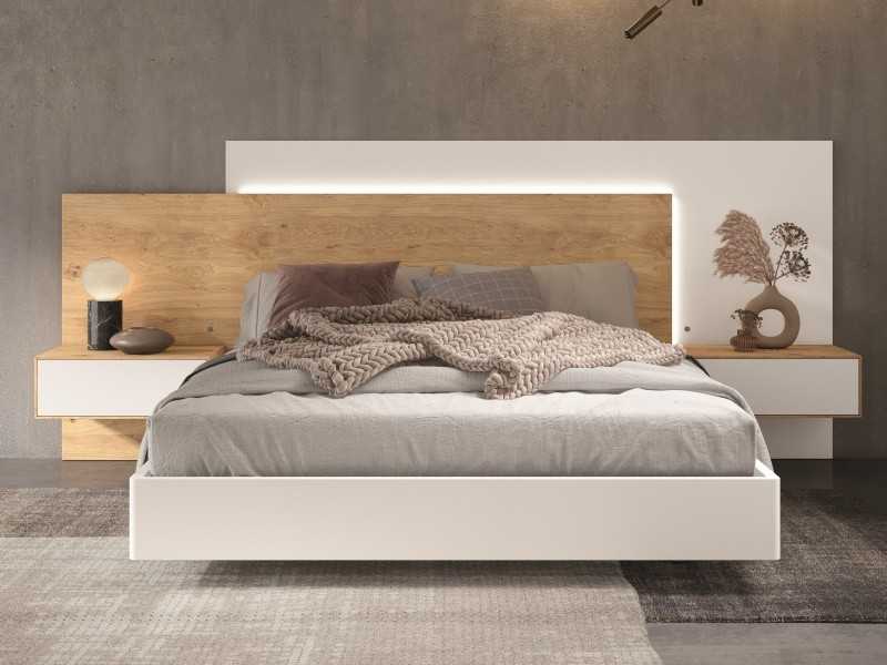 Complete bed with modern design with bedside tables, 1 drawer, suspension bed base and LED light - LEKNES