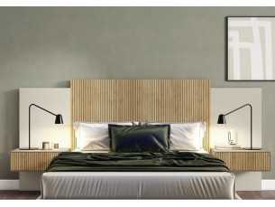 Modern design lacquered headboard with slatted oak front and 1-drawer side tables - REINE