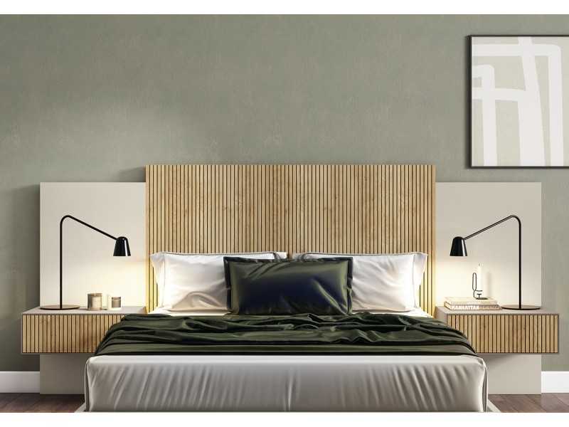 Modern design lacquered headboard with slatted oak front and 1-drawer side tables - REINE