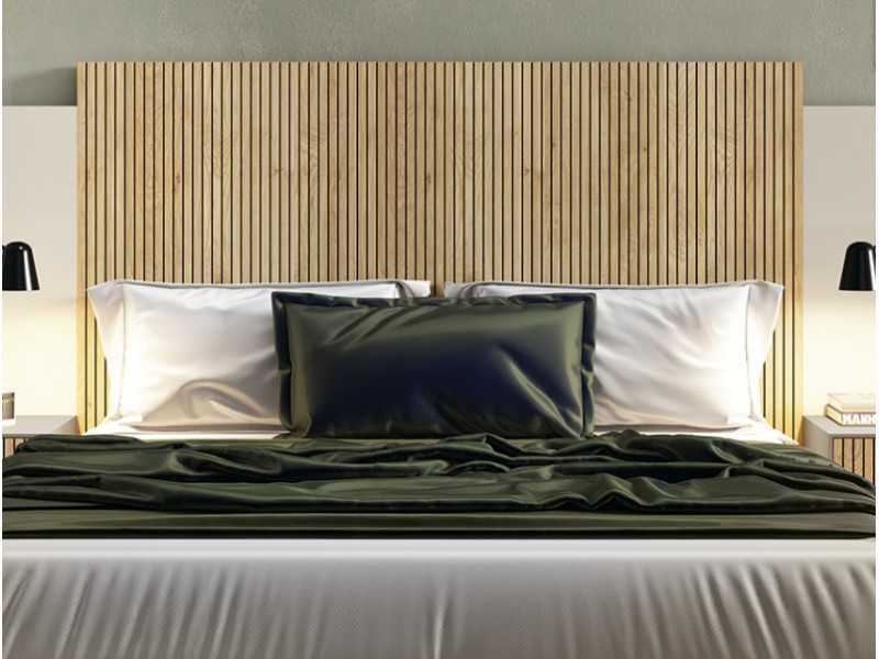 Cabecero de diseño moderno lacado con frontal en roble alistonado y mesitas de 1 cajón - REINE