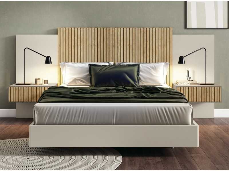 Complete lacquered bed with central front in oak veneer and bedside tables with 1 drawer - REINE