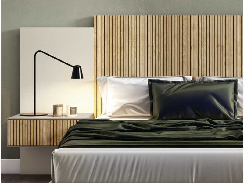 Complete lacquered bed with central front in oak veneer and bedside tables with 1 drawer - REINE