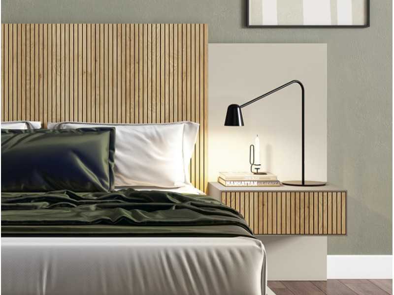 Complete lacquered bed with central front in oak veneer and bedside tables with 1 drawer - REINE