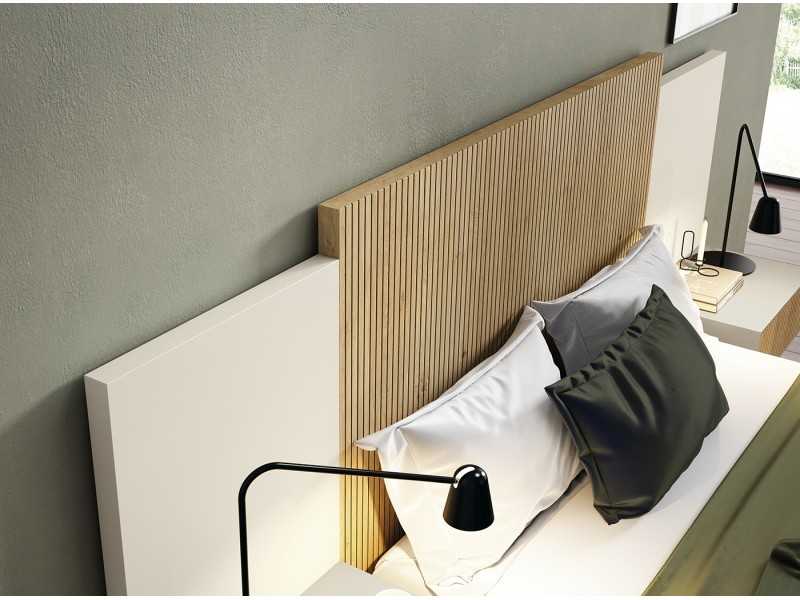 Complete lacquered bed with central front in oak veneer and bedside tables with 1 drawer - REINE