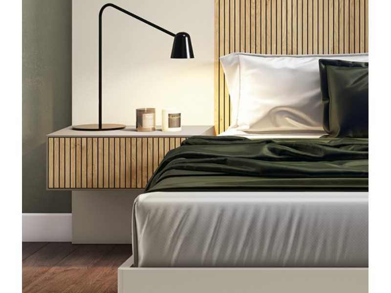 Complete lacquered bed with central front in oak veneer and bedside tables with 1 drawer - REINE