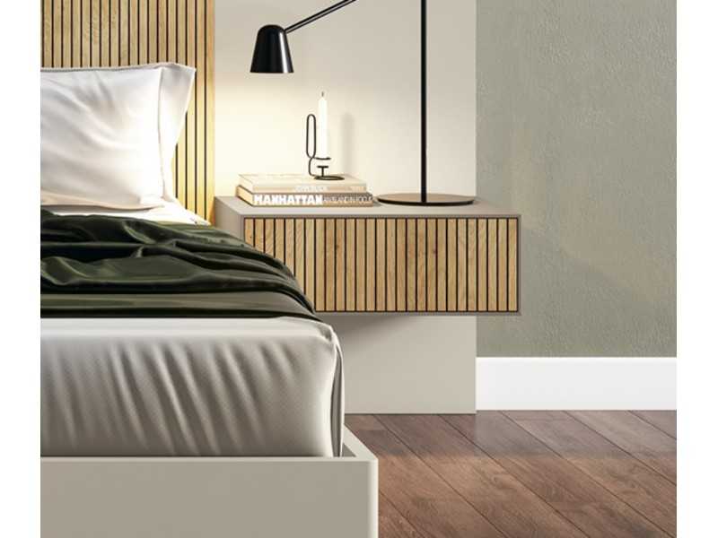 Complete lacquered bed with central front in oak veneer and bedside tables with 1 drawer - REINE