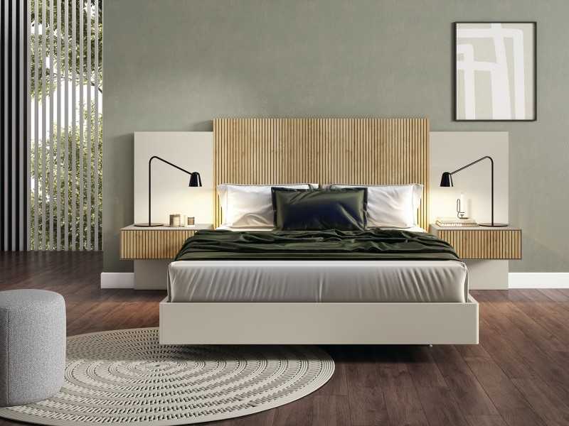 Complete lacquered bed with central front in oak veneer and bedside tables with 1 drawer - REINE