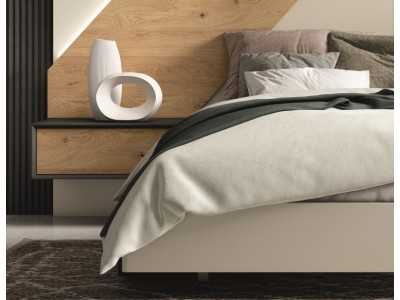 Lacquered headboard with knotted oak details, 1-drawer side tables and LED light - AMELIE.R