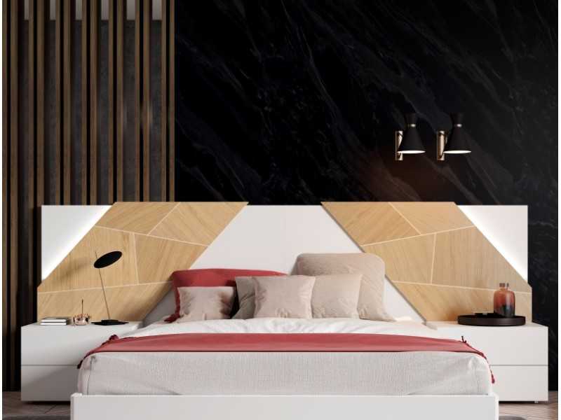 Tête de lit laquée avec détails en marqueterie de chêne, tables 2 tiroirs et lumière LED - SUZETTE