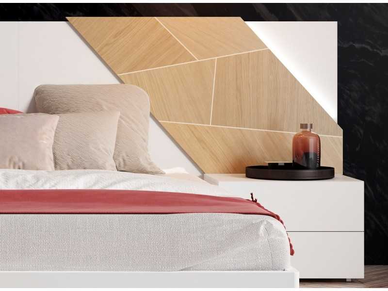 Lacquered headboard with oak marquetry details, 2-drawer tables and LED light - SUZETTE