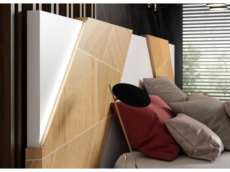 Lacquered headboard with oak marquetry details, 2-drawer tables and LED light - SUZETTE