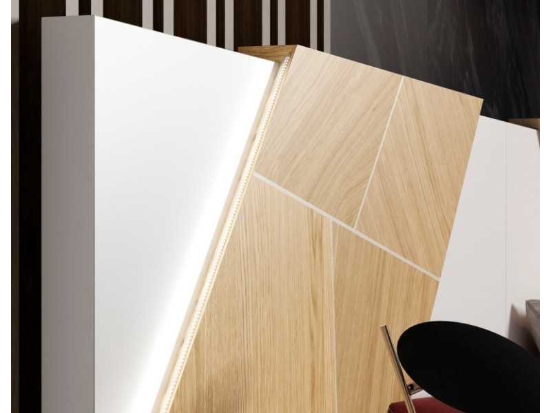 Lacquered headboard with oak marquetry details, 2-drawer tables and LED light - SUZETTE