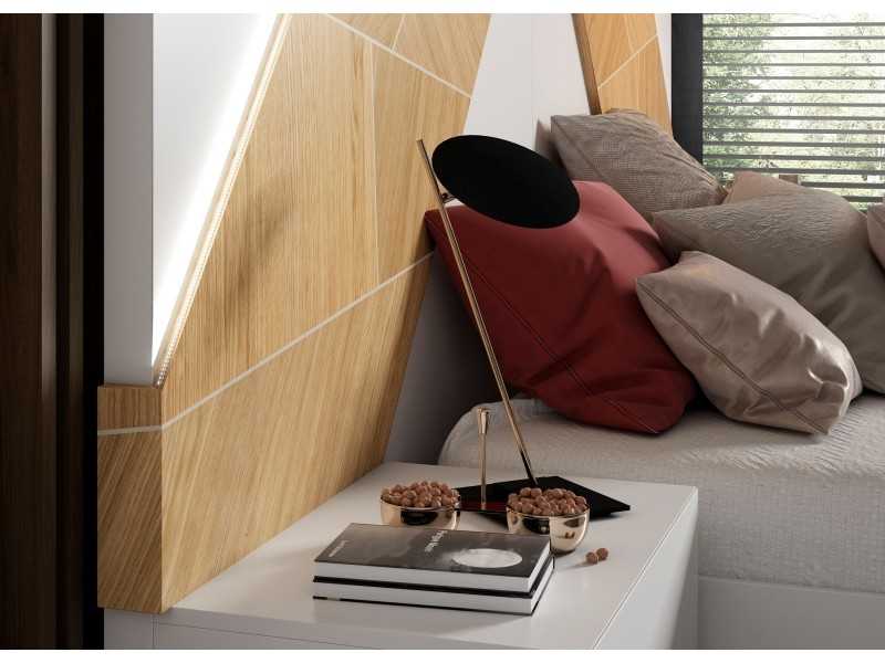 Lacquered headboard with oak marquetry details, 2-drawer tables and LED light - SUZETTE